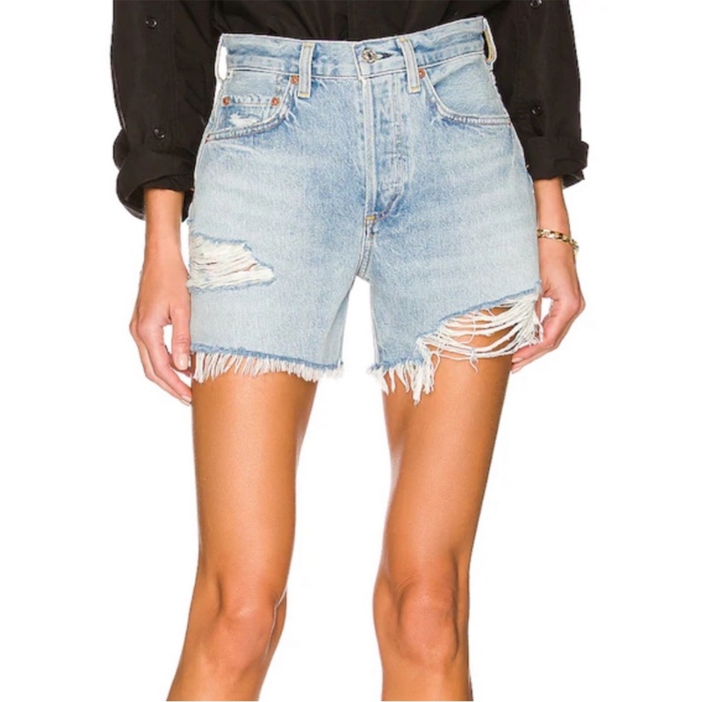 Citizens Of Humanity Annabelle long Light Blue Distressed Jean Shorts